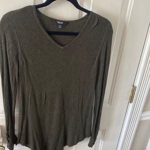 women’s dark green, V-neck, knit sweater, wrist detail/criss cross, super soft